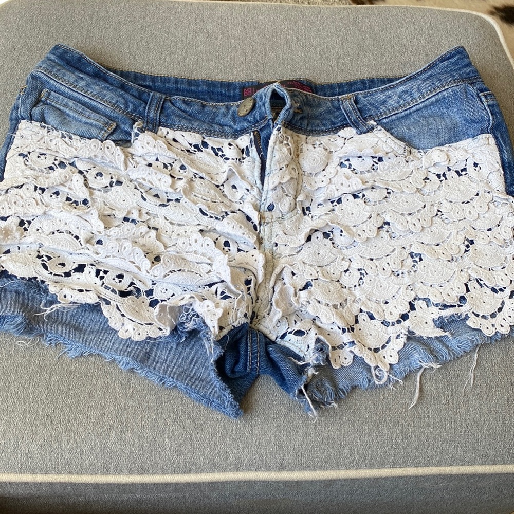 Lace jean shorts. Super cute and comfortable. Will spruce up any outfit!